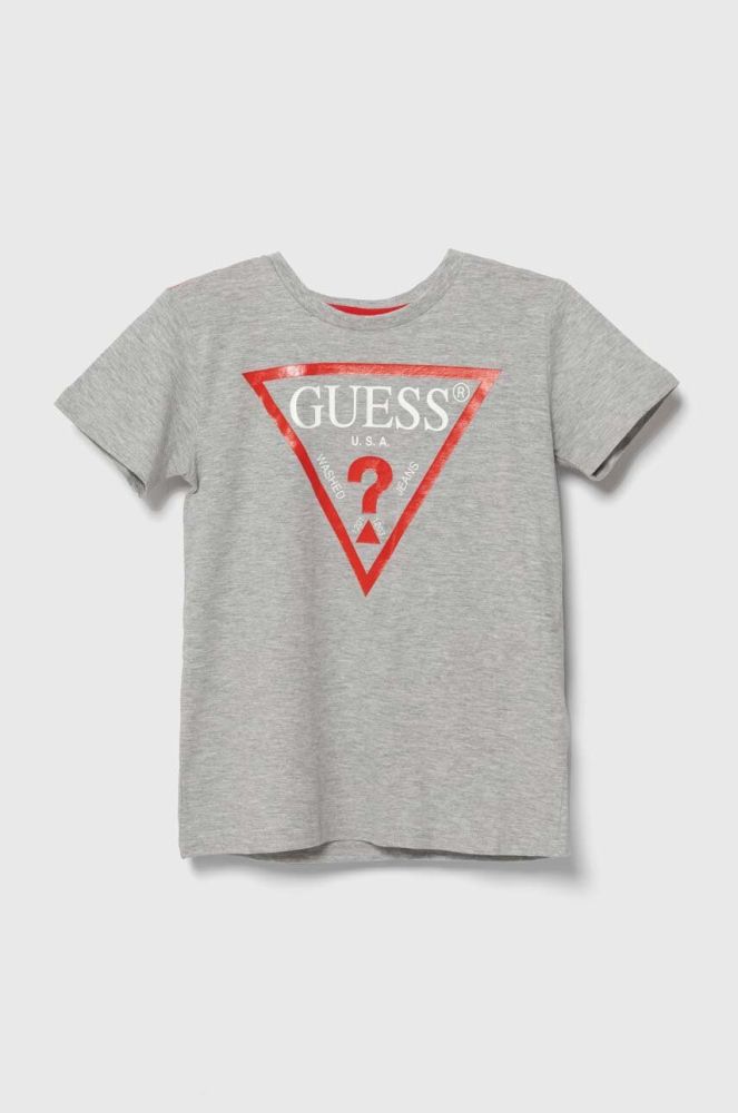 Дитяча бавовняна футболка Guess колір сірий з принтом (1536129)
