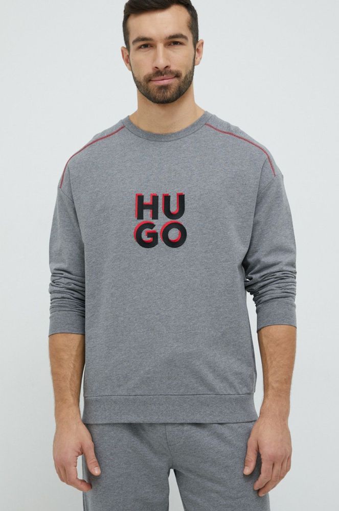 Бавовняна кофта лаунж HUGO чоловіча колір сірий з аплікацією