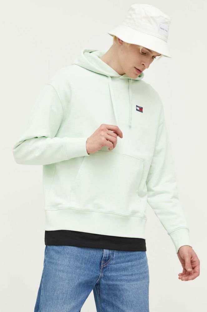 Бавовняна кофта Tommy Jeans чоловіча колір зелений з капюшоном з аплікацією (3283998)