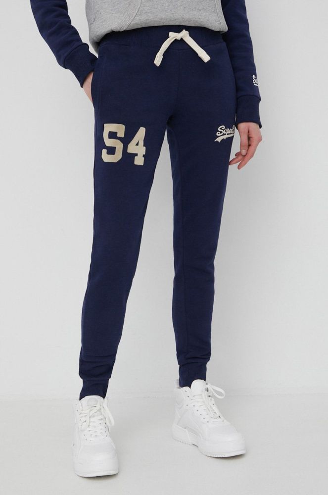 Спортивні штани Superdry жіночі колір синій з аплікацією