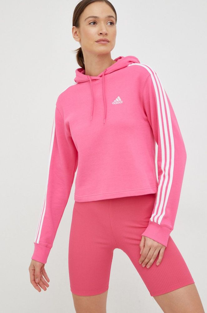 Бавовняна кофта adidas жіноча колір рожевий з капюшоном з аплікацією (2908773)