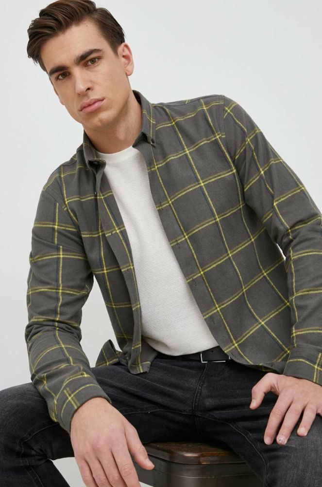 Бавовняна сорочка Lindbergh Чоловіча колір зелений slim комір button-down